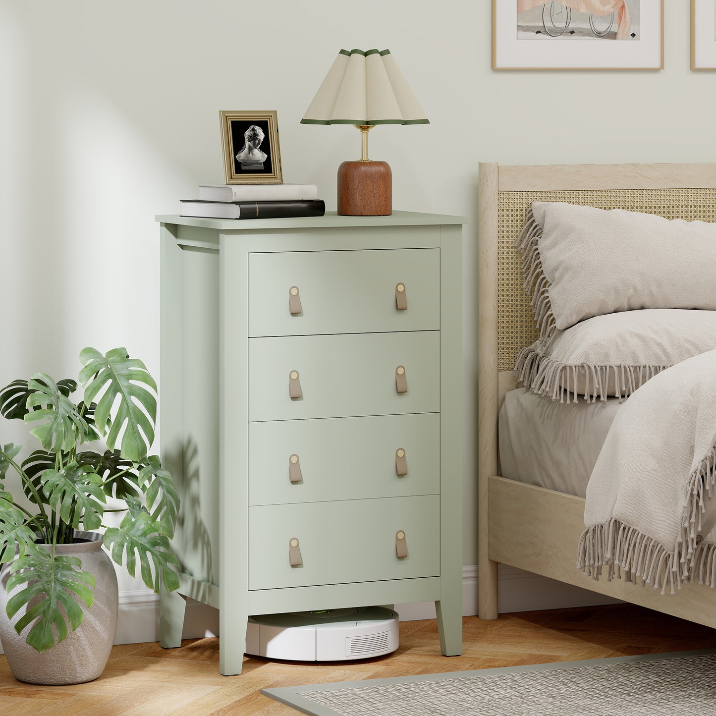 Bedroom Chest of Drawers, Modern 4 Drawer Dresser Cabinet with PU Leather Handles and Metal Runners for Living Room, Hallway