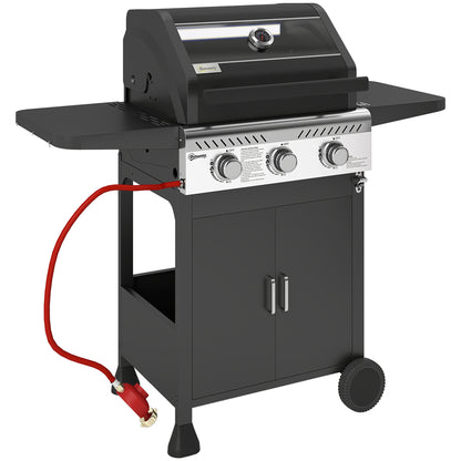 7.5kW Three-Burner Gas BBQ Grill, with See-Through Lid - Black