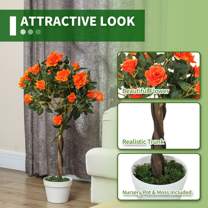Set of 2 Artificial Plants White Rose Floral in Pot, Fake Plants for Home Indoor Decor, 90cm, Orange