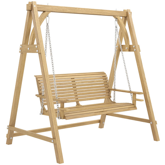 2 Seater Garden Swing Seat, Wooden Swing Chair Bench with Cup Holders for Outdoor Porch Patio, Natural