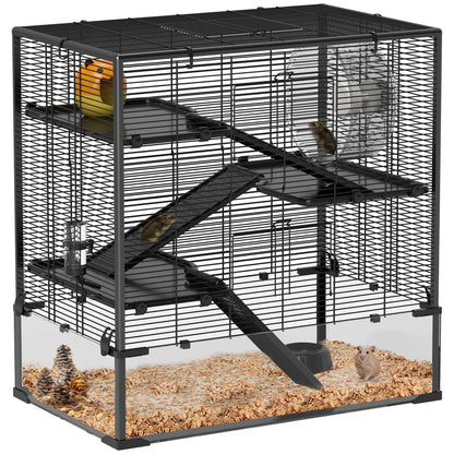 Four-Tier Hamster Cage with Deep Tempered Glass Bottom, Hut, Running Wheel, Food Dish, Water Bottle, 78.5 x 48.5 x 80cm