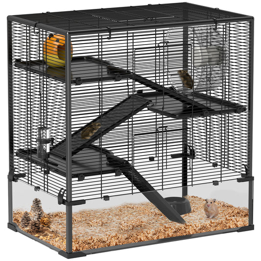 Four-Tier Hamster Cage with Deep Tempered Glass Bottom, Hut, Running Wheel, Food Dish, Water Bottle, 78.5 x 48.5 x 80cm