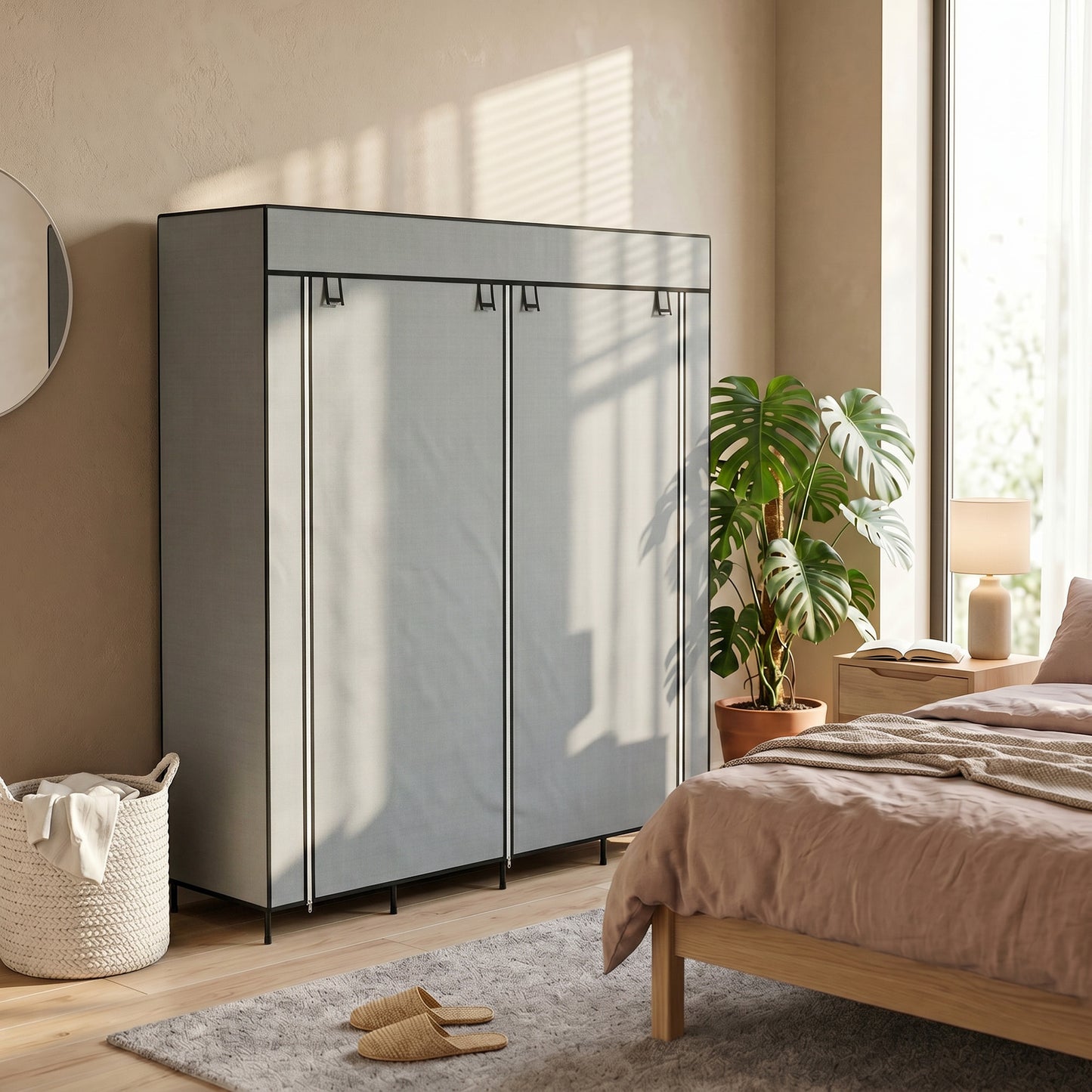 Fabric Wardrobe for Bedroom, Portable Cloth Wardrobe with 10 Compartments, 2 Hanging Rails and 4 Fabric Drawers