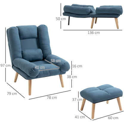 Recliner Chair with Footstool, Recliner Armchair with Adjustable Backrest, Thick Cushion and Wooden Legs, Blue