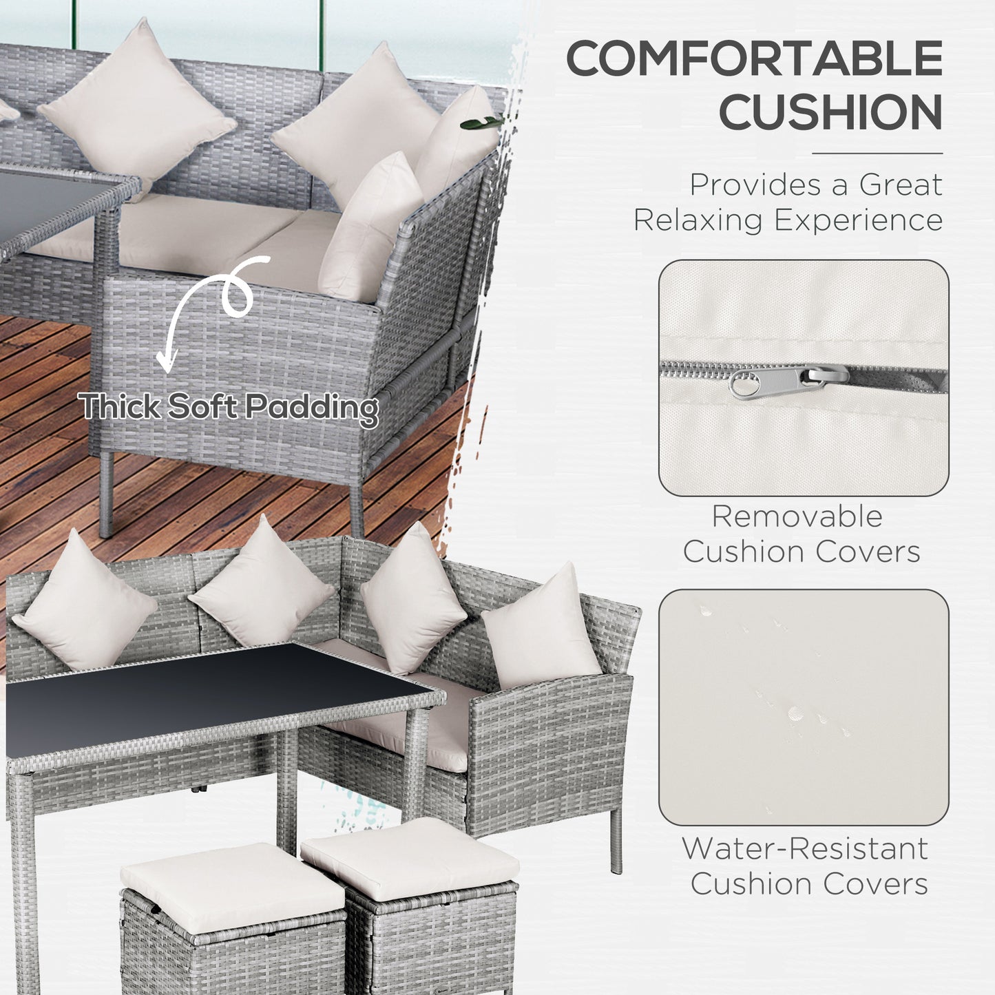 6-Seater Rattan Dining Set Sofa Table Footstool Outdoor w/ Cushion Garden Furniture