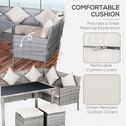 6-Seater Rattan Dining Set Sofa Table Footstool Outdoor w/ Cushion Garden Furniture