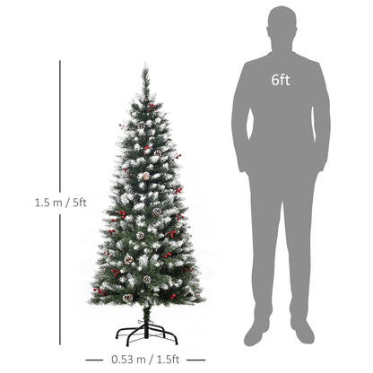 5FT Artificial Christmas Tree Xmas Pencil Tree with Red Berries and Pinecones Holiday Home Indoor Decoration with Foldable Fe