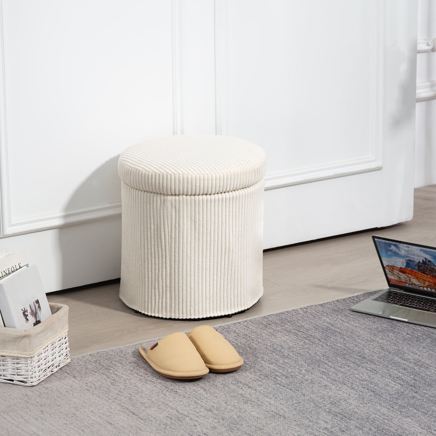 40cm Round Storage Ottoman, Corduroy Footstool with Removable Lid and Legs, Vanity Stool for Living Room, Bedroom, Beige