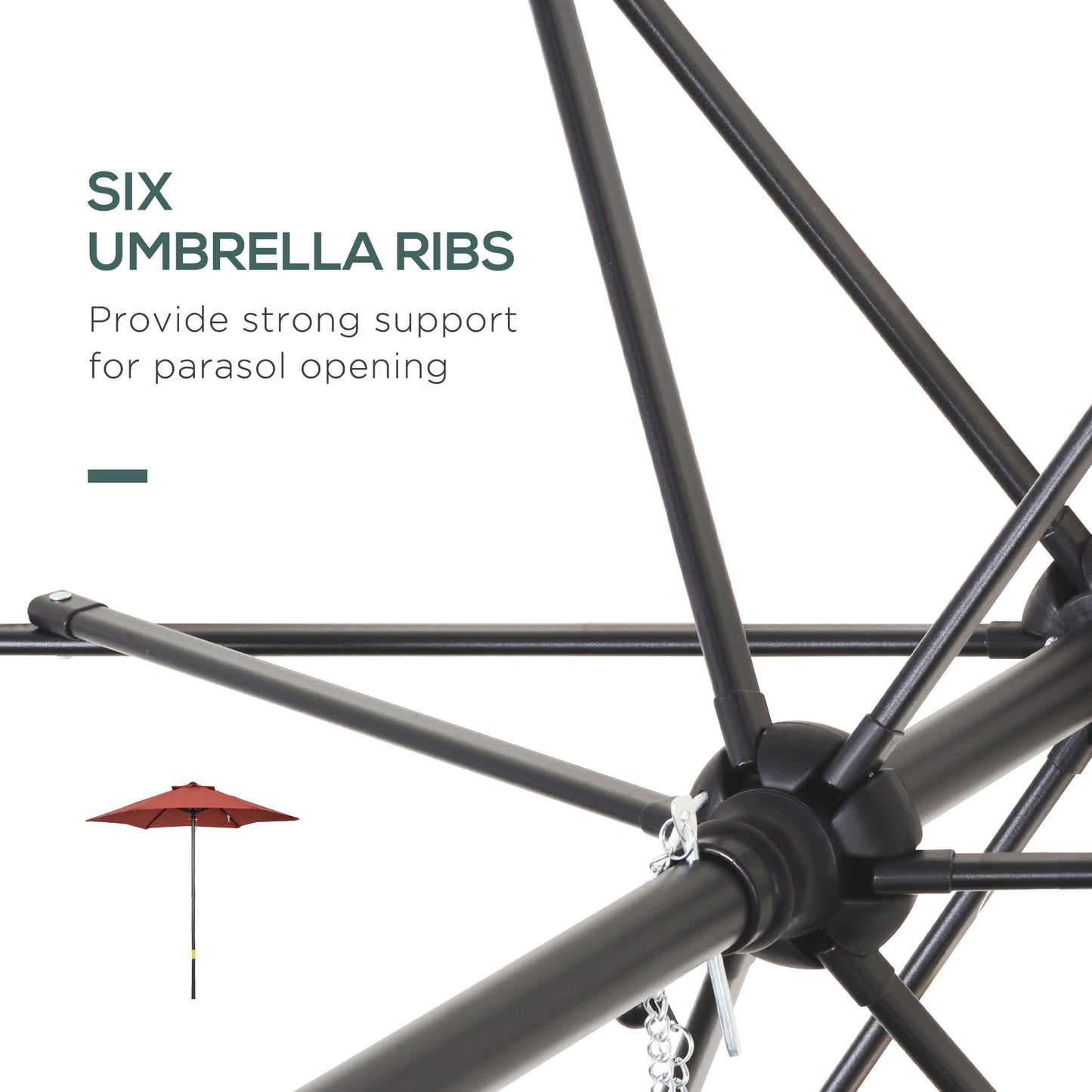 2m Garden Parasol Umbrella, Outdoor Sun Shade with 6 Sturdy Ribs for Balcony, Bench, Garden, Wine Red