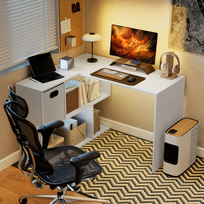 L Shaped Computer Desk, 110 x 100cm Reversible Corner Desk with Fabric Drawer and Storage Shelves, White