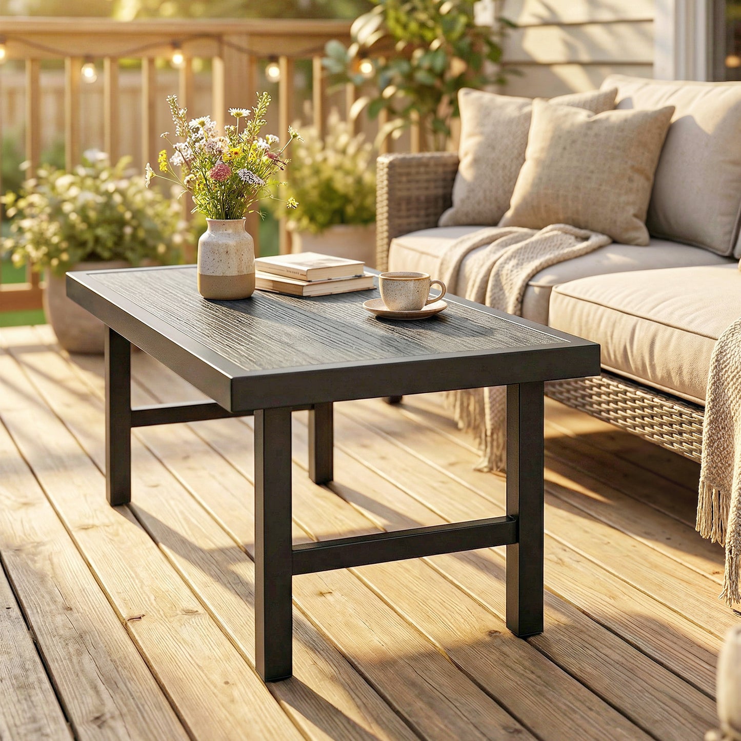 Metal Garden Coffee Table, Outdoor Side Table with SPC Woodgrain Tabletop for Outside, 100 x 52 x 46cm, Dark Grey