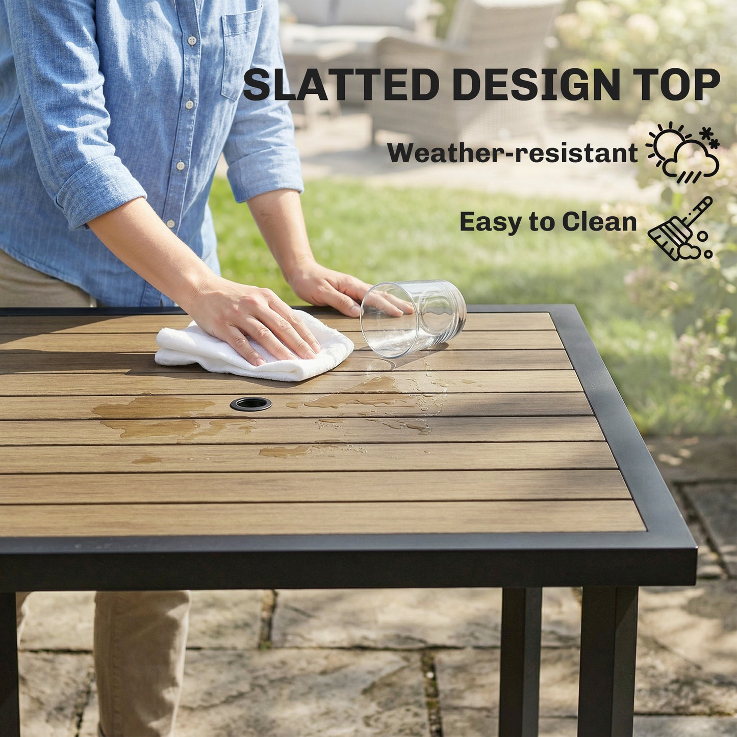 Square Garden Dining Table with 5.4cm Parasol Hole, Slatted Top, Metal Frame, 86 x 86 x 71cm, Brown
