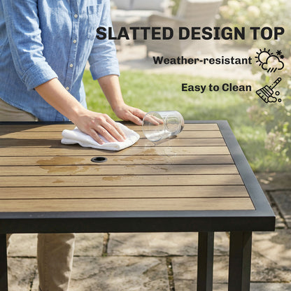 Square Garden Dining Table with 5.4cm Parasol Hole, Slatted Top, Metal Frame, 86 x 86 x 71cm, Brown