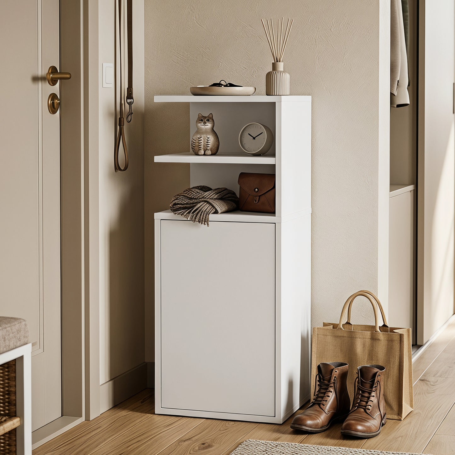 Slim Bedside Table Set of 2, Narrow Bedside Cabinet with Open Cubbies and Cupboard for Bedroom Living Room, White