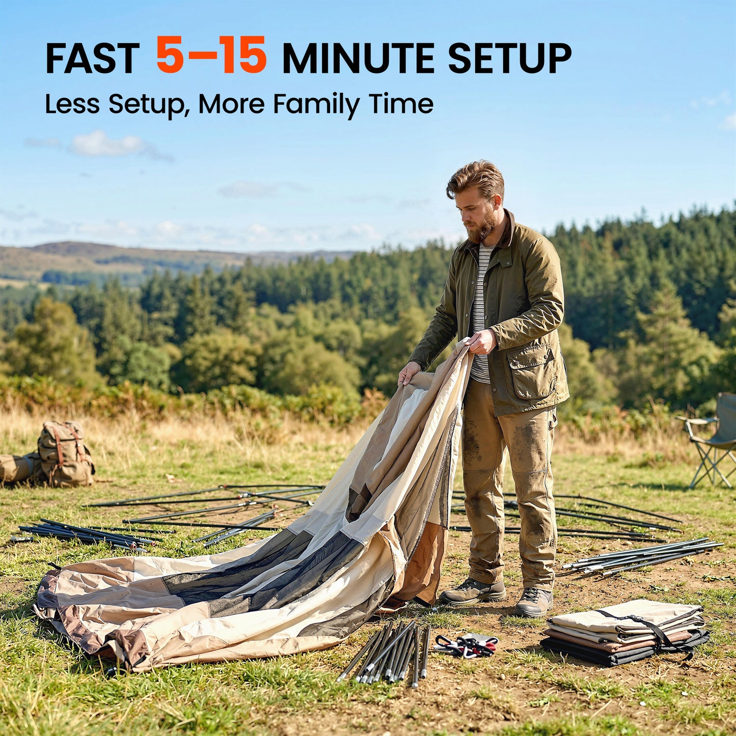 Cabin Tent Waterproof Camping Tent with Two Room for 4 Person Brown