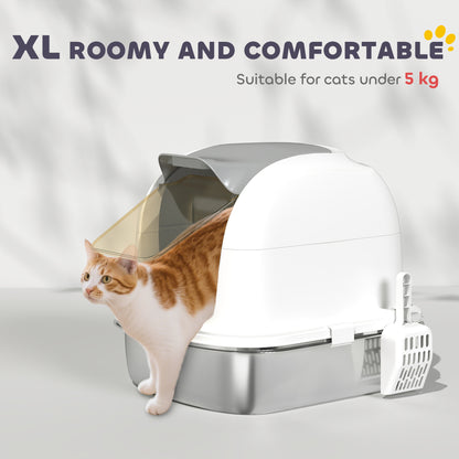 Stainless Steel Cat Litter Box with Lid, for Cats, Enclosed Cat Litter Box with Flip Cover, Scoop