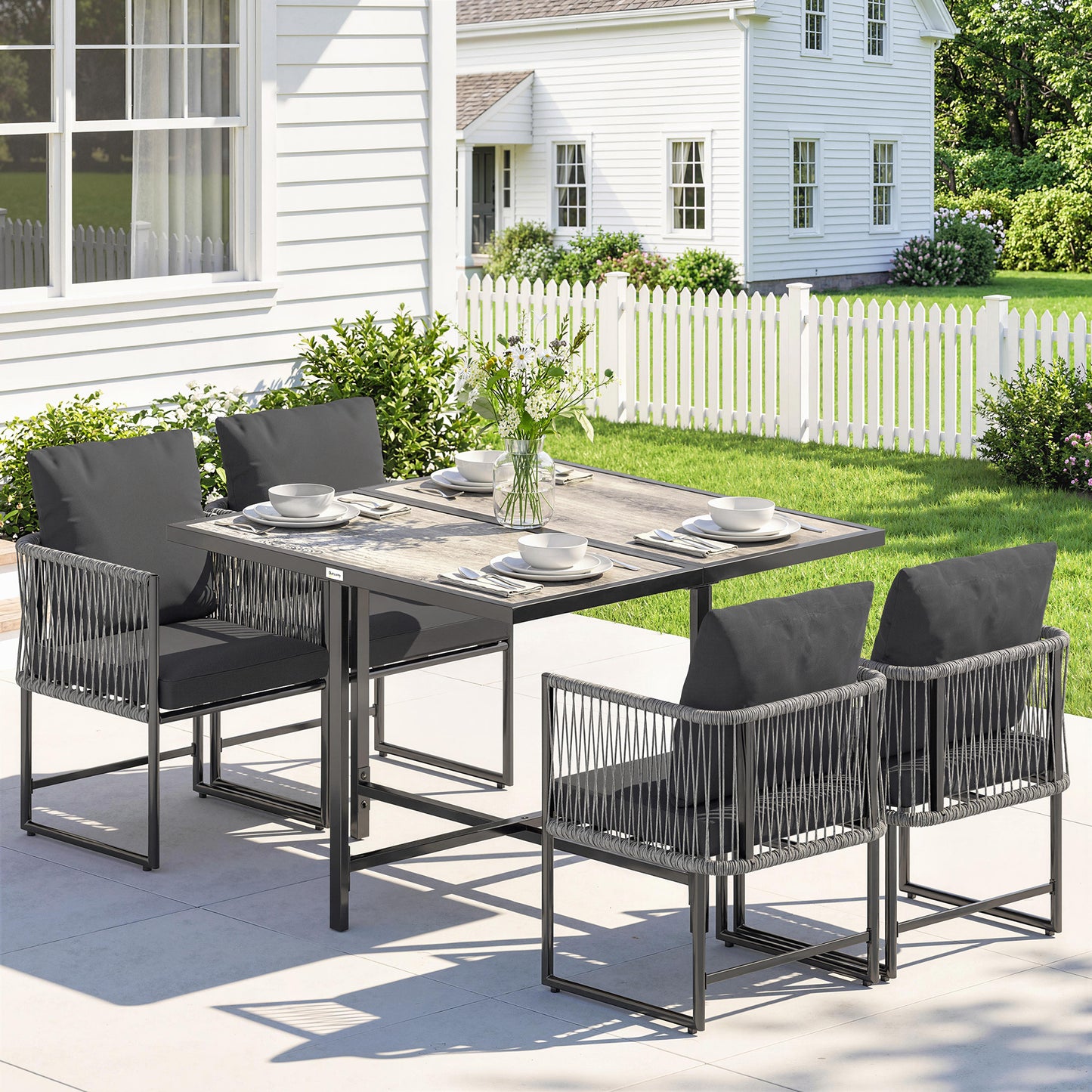 4-Seater Garden Dining Set, Rattan Outdoor Furniture with Space-Saving Chairs and Thick Cushions for Patio Balcony, Black