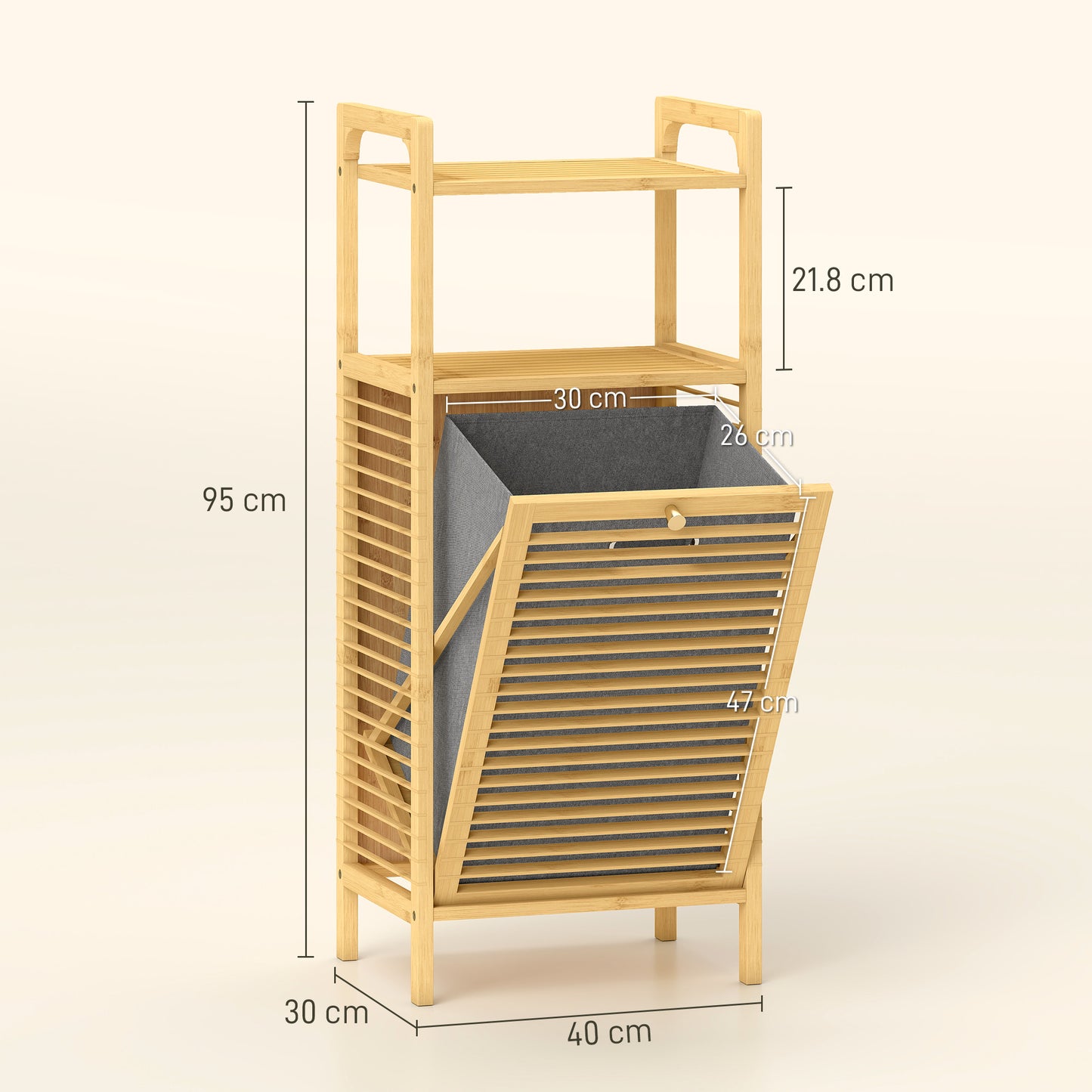 Bamboo Laundry Cabinet with Slatted Door, Bathroom Cabinet with Tilt-Out Hamper and Removable Liner Bag, 40 x 30D x 95 cm