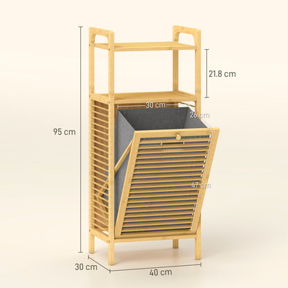 Bamboo Laundry Cabinet with Slatted Door, Bathroom Cabinet with Tilt-Out Hamper and Removable Liner Bag, 40 x 30D x 95 cm