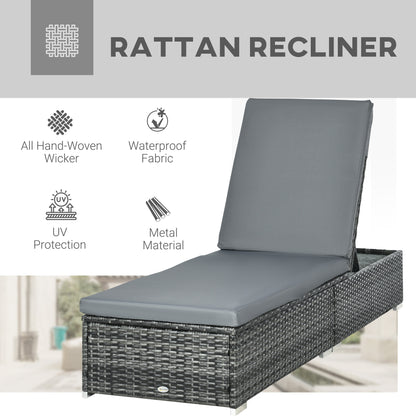 PE Rattan Sun Lounger, Five-Position Adjustable Recliner Lounger Chair with Soft Padded Cushion for Patio, Mixed Grey