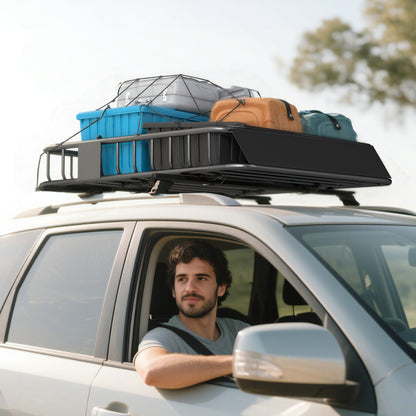Universal Roof Rack Basket Tray, 90.7 kg Steel Car Rooftop Luggage Cargo Carrier Holder with Wind Fairing
