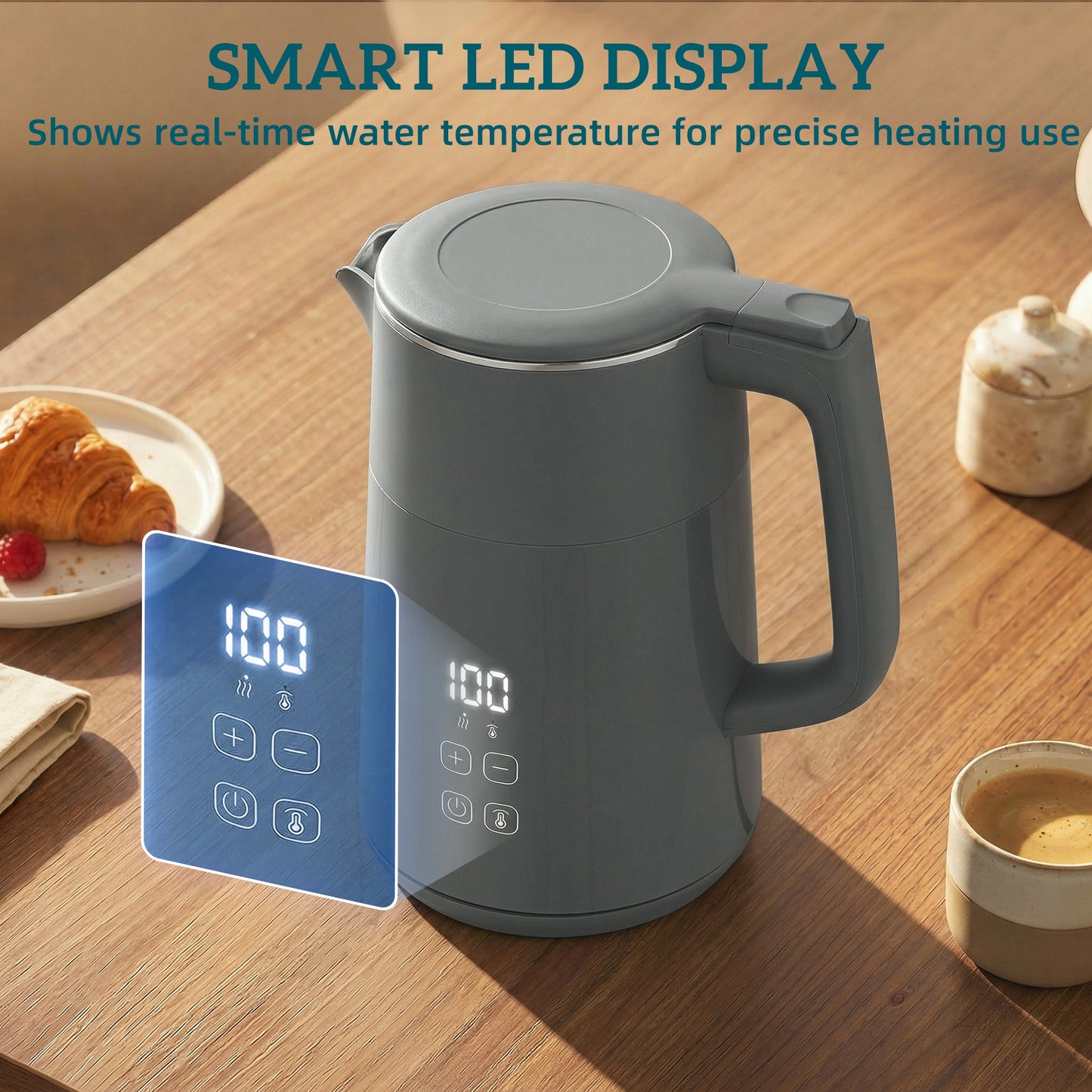 Electric Kettle, 1.7L Fast Boil 3kW Water Kettle with UK Strix Thermostat, LED Display, Keep Warm Function, Grey