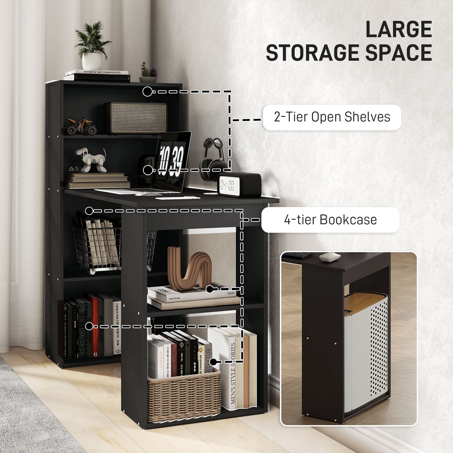120cm Computer Desk, Wooden PC Laptop Table with 6-Tier Storage Bookshelves, Home Office Working Study Desk