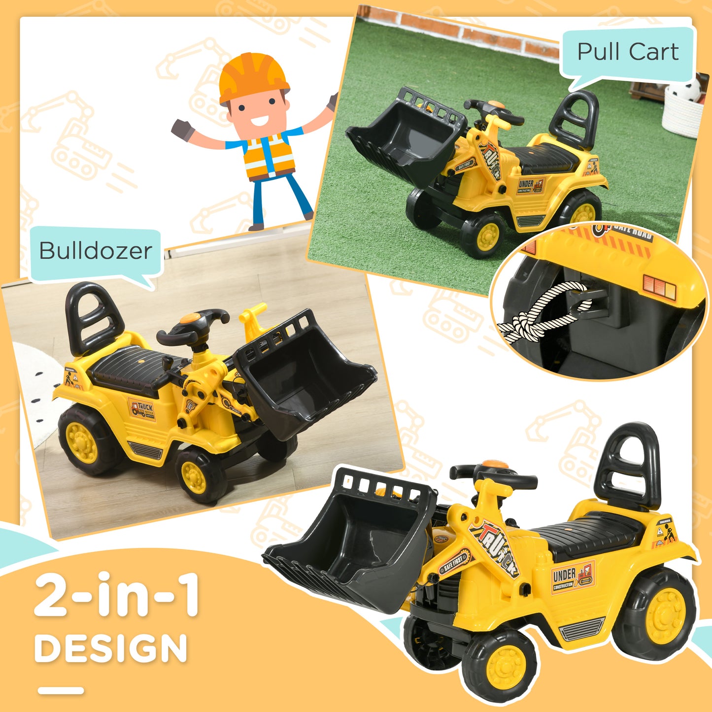 Ride On Tractor, 3 in 1 Ride On Excavator Toy, Toddler Digger Bulldozer with Storage, Pretend Play Construction Truck