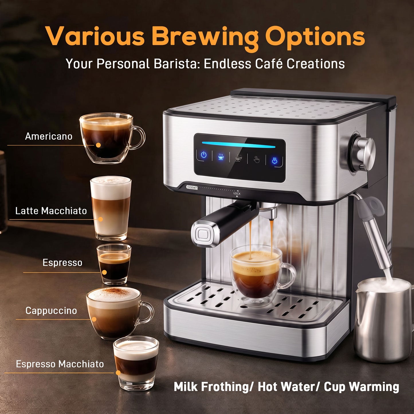 Espresso Machine, 20-Bar Cappuccino Coffee Maker with Frother Wand, 1.6L Tank, Single/Double/Manual Shot, LED Touch