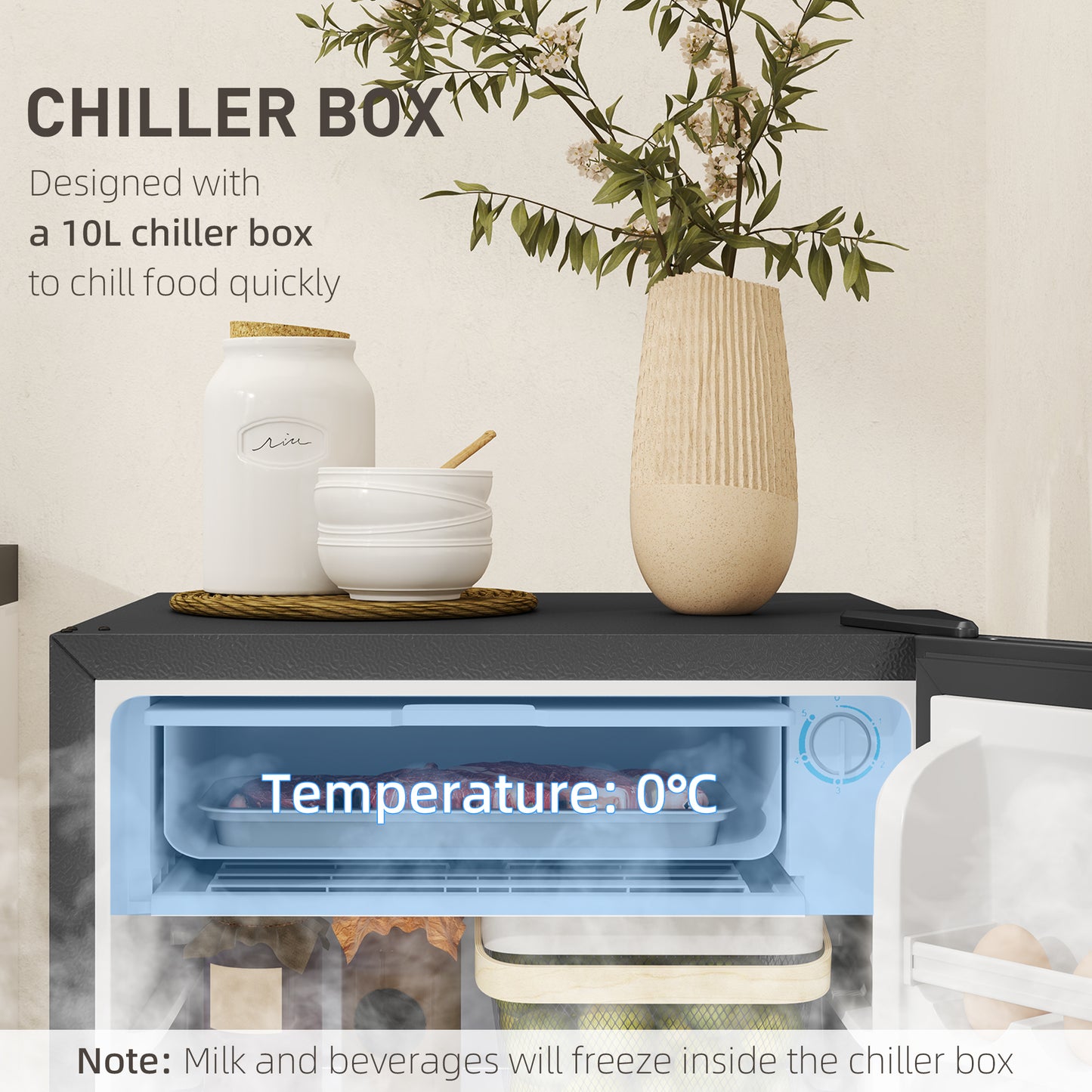 Under Counter Fridge, 91L Small Fridge with Chiller Box, Removable Shelf, Reversible Door, Adjustable Legs