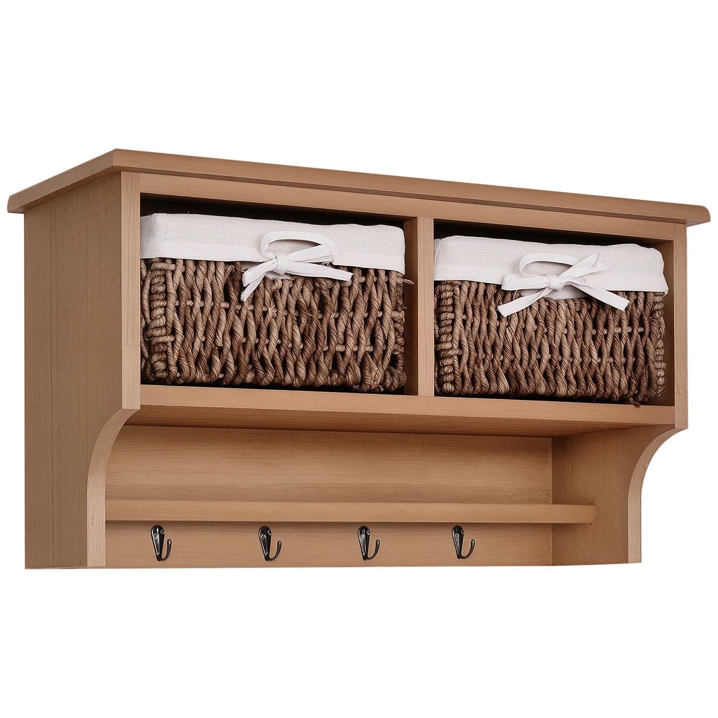 Entryway Coat Rack Wall Mounted Shelf w/ 2 Corn Husk Baskets and Hooks, Brown