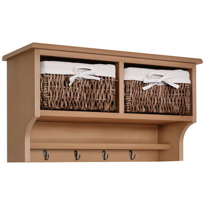 Entryway Coat Rack Wall Mounted Shelf w/ 2 Corn Husk Baskets and Hooks, Brown