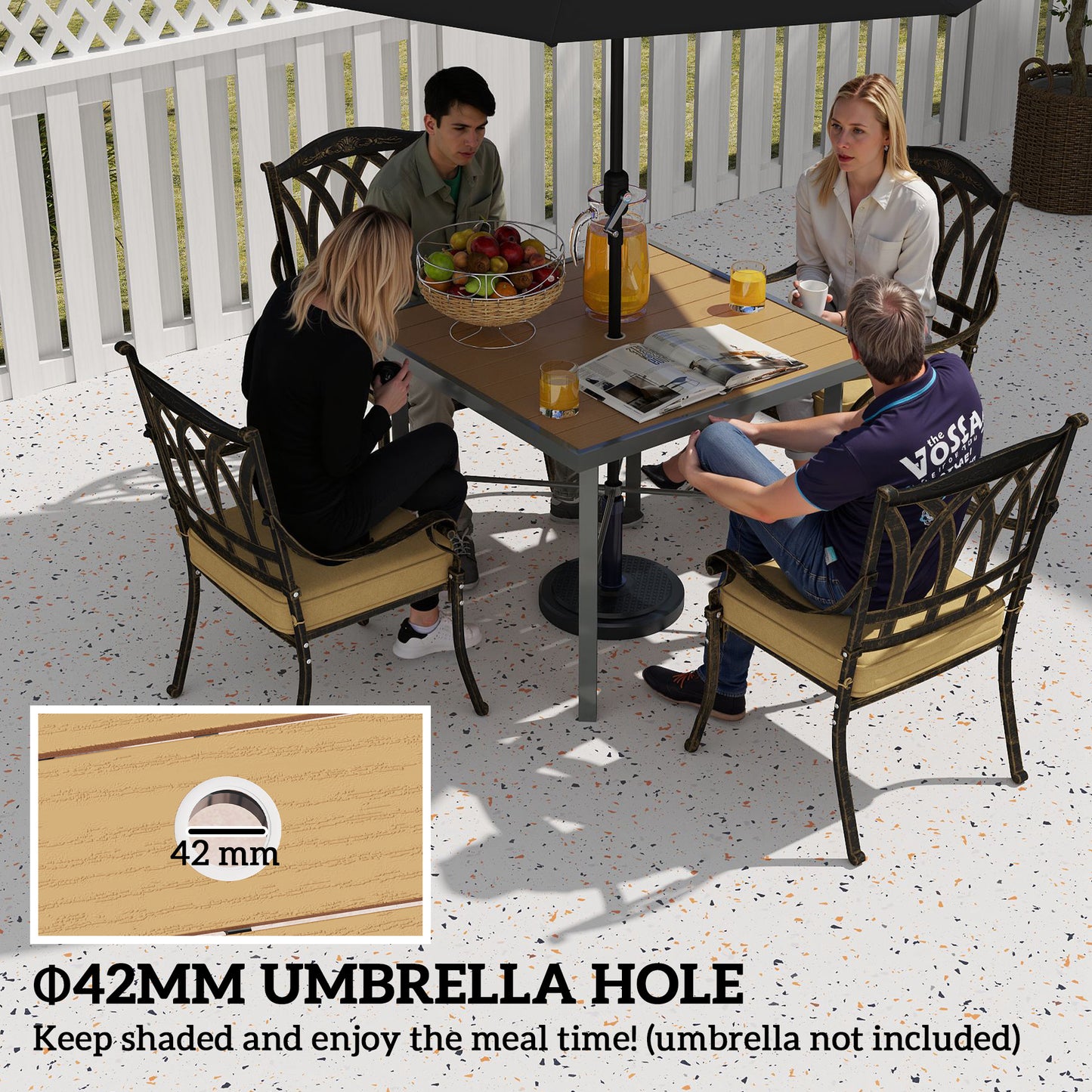 Garden Table for 4, 90 cm Rectangular Outdoor Dining Table with 4.2 cm Umbrella Hole, Wood Effect Top, Rust Resistant Frame