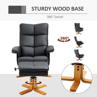 PU Leather Swivel Recliner Chair with Footstool, Wooden Base and Storage for Living Room, Black