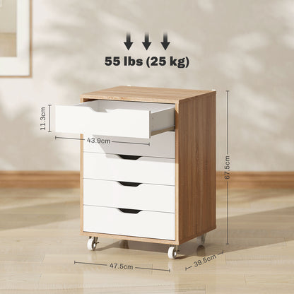 Five-Drawer Filing Cabinet, with Wheels - Oak Brown