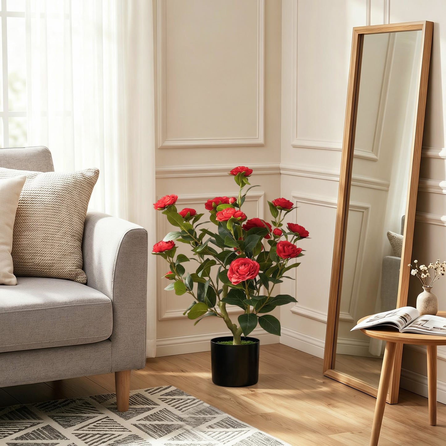 65cm Artificial Camellia Flower Plant in Pot with 116 Lush Leaves & Moss Effect, Red