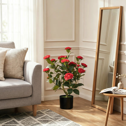 65cm Artificial Camellia Flower Plant in Pot with 116 Lush Leaves & Moss Effect, Red