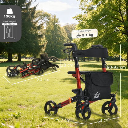 Rollator Walker with Seat, Compact Quick Folding Mobility Walker with 8" Wheels, Carry Bag, Adjustable Height