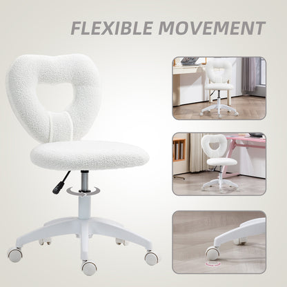 Armless Heart Computer Desk Chair, Teddy Fleece Swivel Office Chair, Makeup Vanity Chair with Height Adjustable, Wheels
