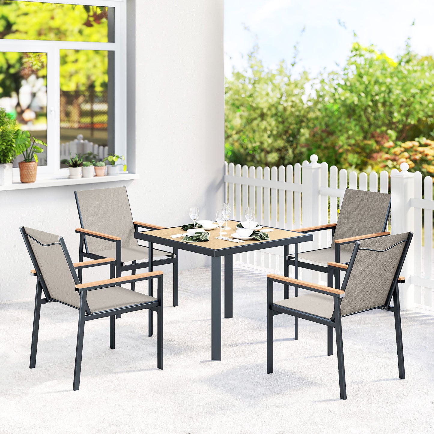 Five-Piece Metal Dining Set, with Glass-Top Table - Khaki