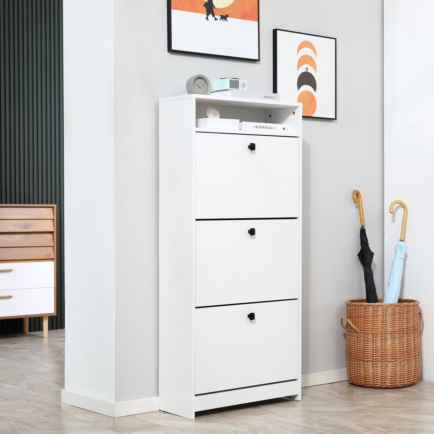 Narrow Shoe Cabinet with 3 Flip Doors, 14-18 Pairs Shoe Cupboard with Open Shelf for Slim Hallway and Entryway