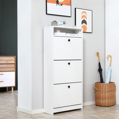 Narrow Shoe Cabinet with 3 Flip Doors, 14-18 Pairs Shoe Cupboard with Open Shelf for Slim Hallway and Entryway
