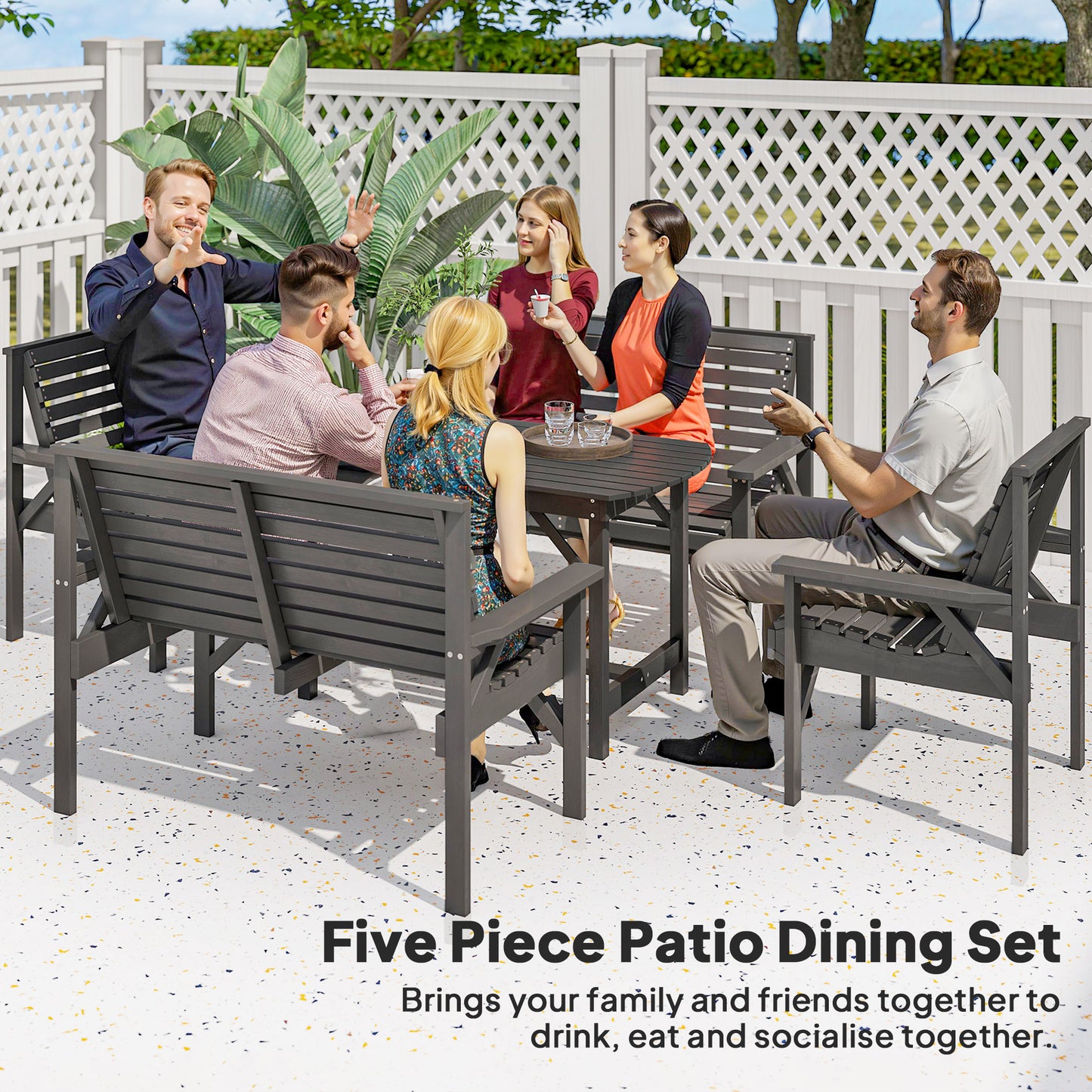 5 Piece Wooden Garden Dining Set for 6, Outdoor Conversation Set with 2 Armchairs, 2 Loveseats and Dining Table