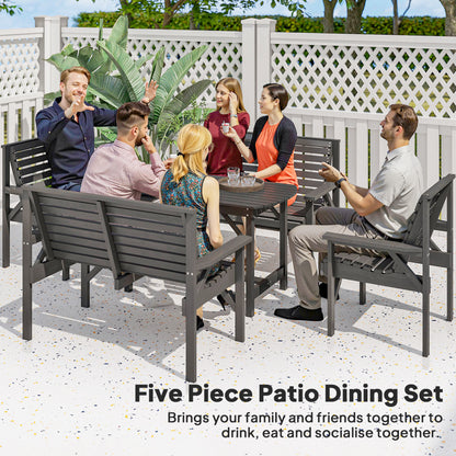 5 Piece Wooden Garden Dining Set for 6, Outdoor Conversation Set with 2 Armchairs, 2 Loveseats and Dining Table