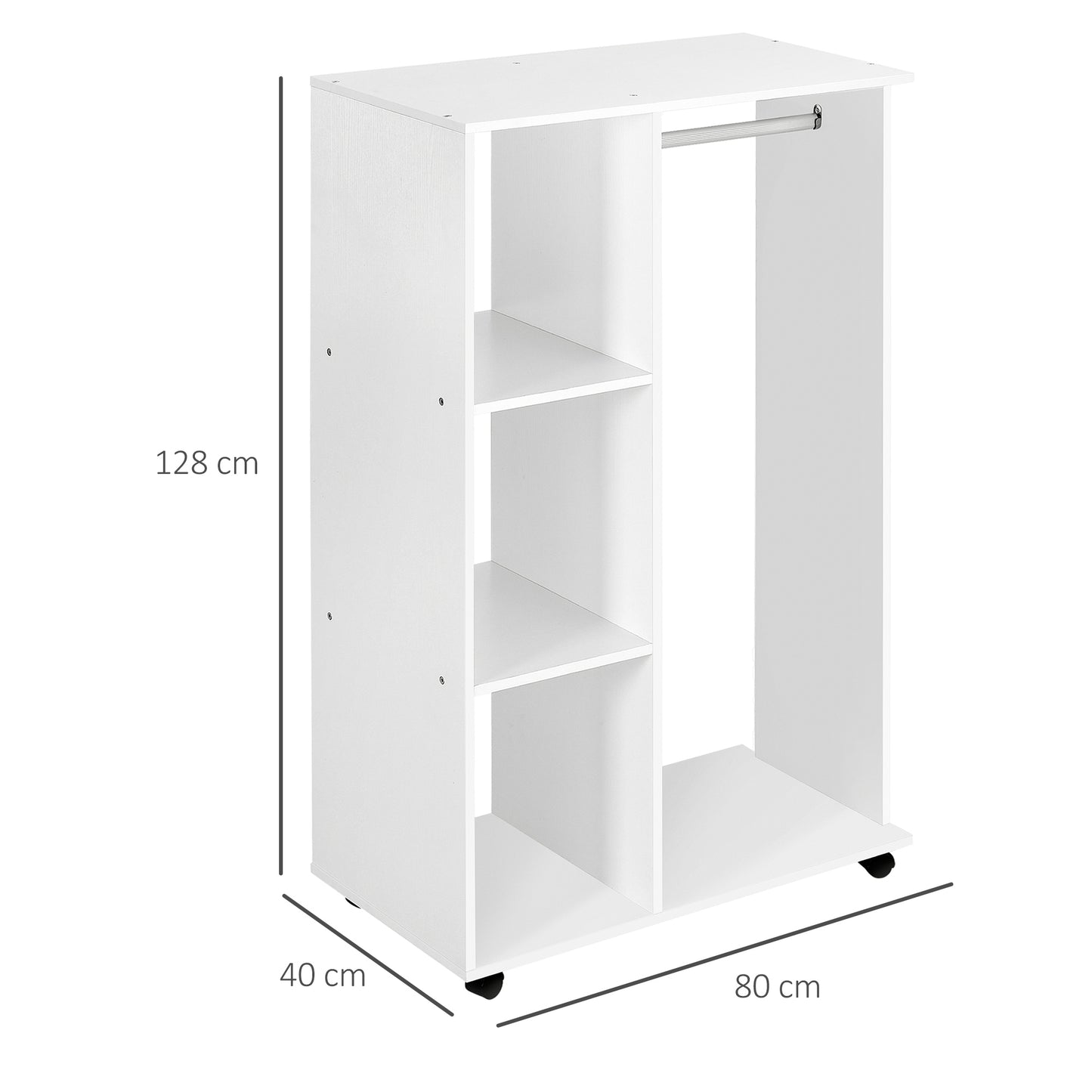 Open Wardrobe on Wheels, Bedroom Wardrobe with Clothes Hanging Rail, 3 Storage Shelves, Mobile Garment Rack for Cloakroom