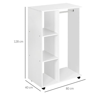 Open Wardrobe on Wheels, Bedroom Wardrobe with Clothes Hanging Rail, 3 Storage Shelves, Mobile Garment Rack for Cloakroom