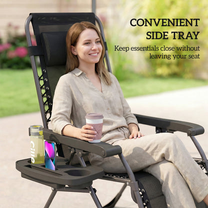 Zero Gravity Chairs Set of 2, Folding Sunloungers Reclining Garden Chairs with Cup Holder, Headrest, Black