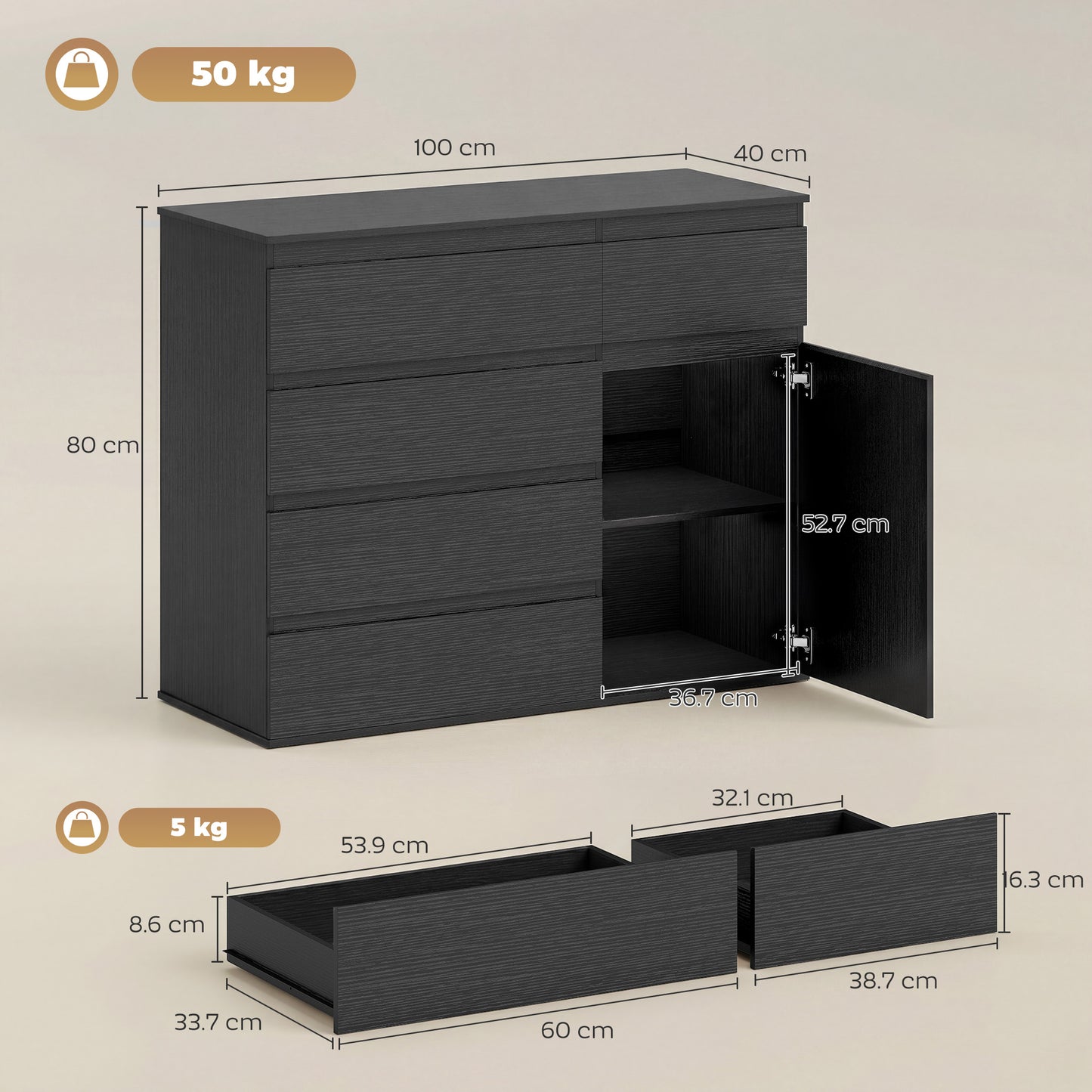 Modern Chest Of Drawers, 5 Drawer Dresser with Adjustable Shelf, Soft-Close Door, Black