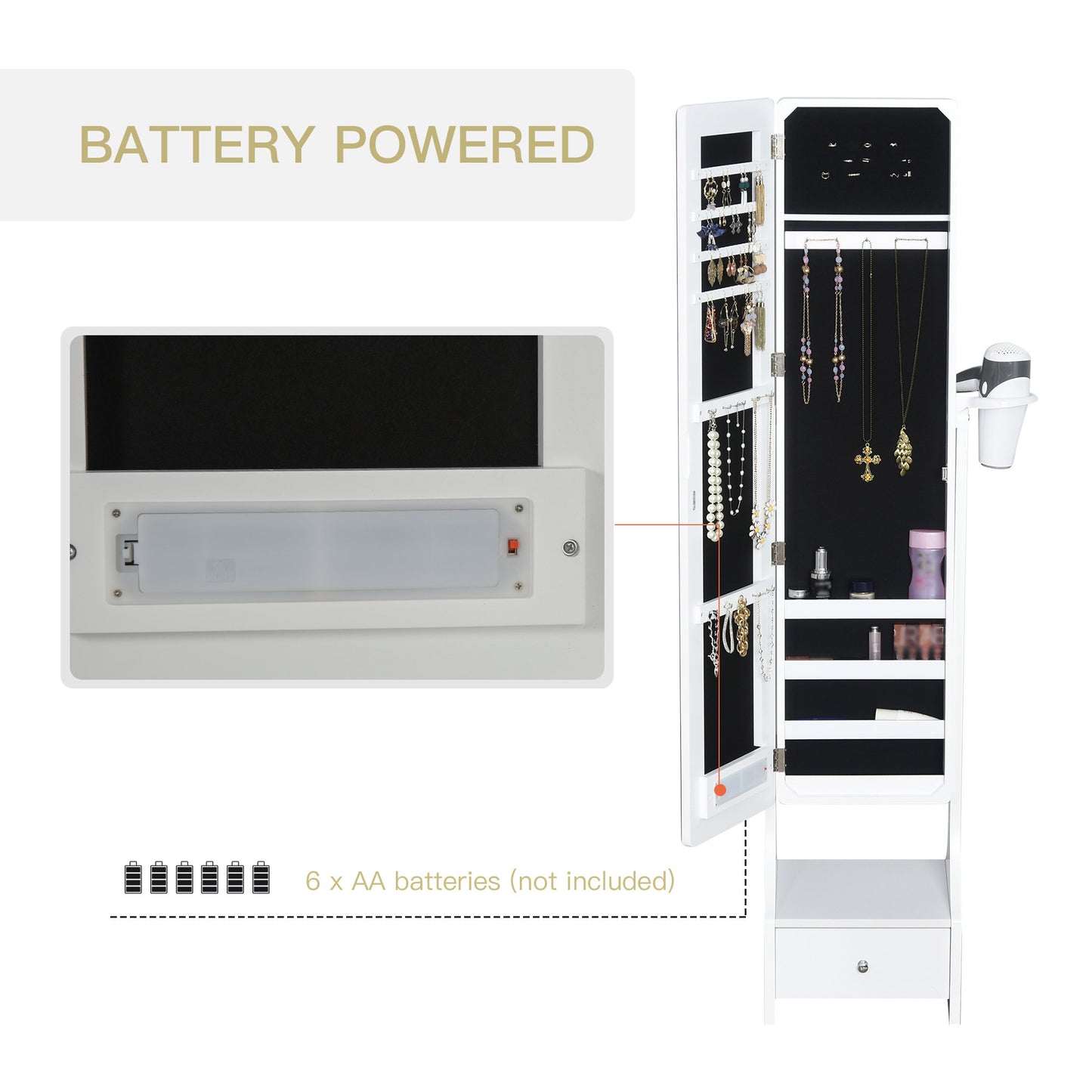 Jewellery Cabinet, Full Length Mirror with Storage, Free Standing Mirror with LED Lights, Hooks