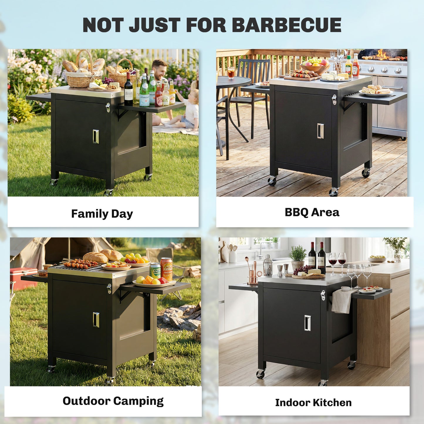 Outdoor Grill Cart with Stainless Steel Tabletop, BBQ Table with a Cabinet, Towel Holder, Bottle Opener, Black